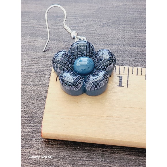 Handmade Blue Plaid Flower Resin Drop Earrings Silver French Hook Floral Dangle - Picture 6 of 9